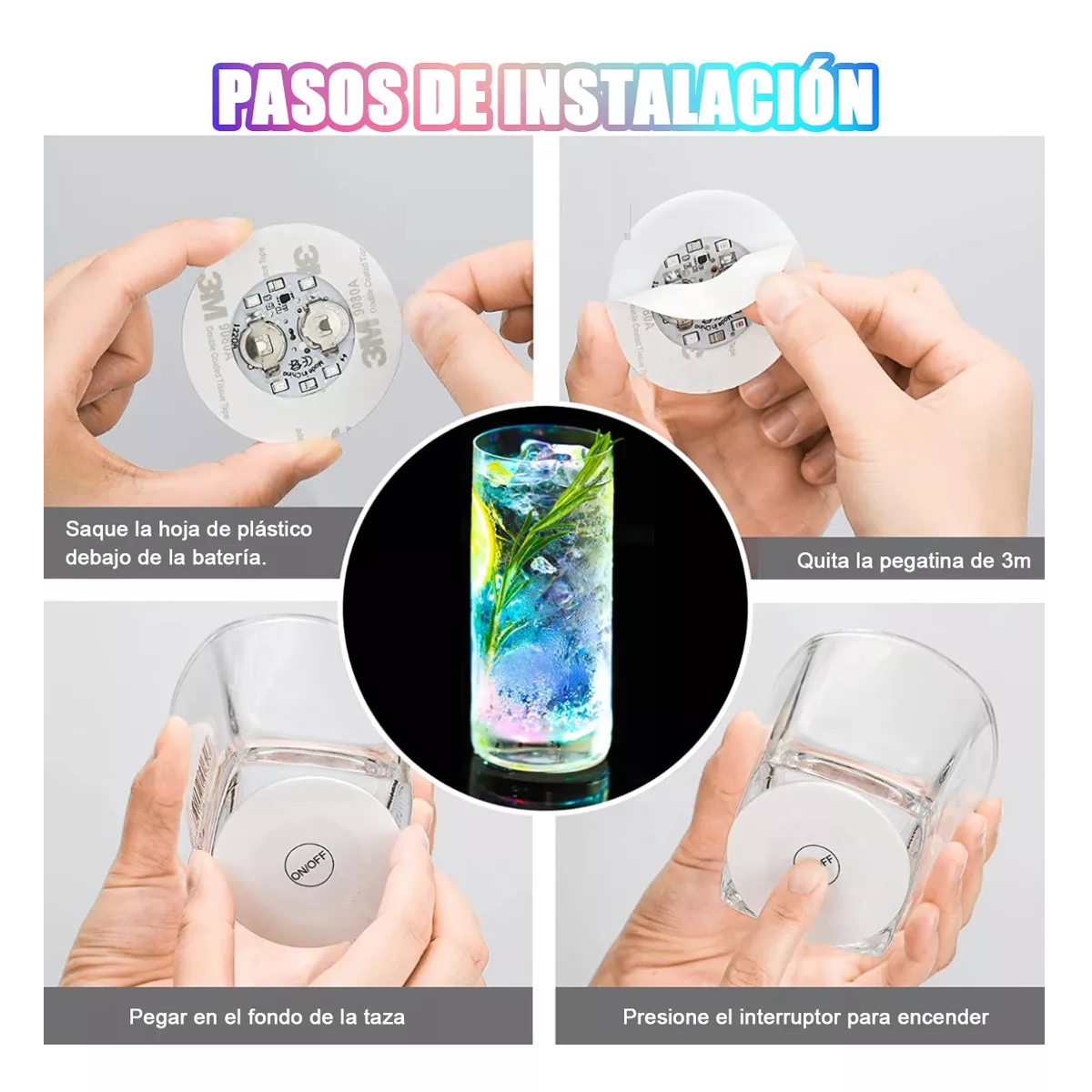 Foto 4 pulgar | Kit 15 Pegatinas Para Botellas Posavasos Luces Taza Tapete Led Eo Safe Imports Esi-13167 Blanco