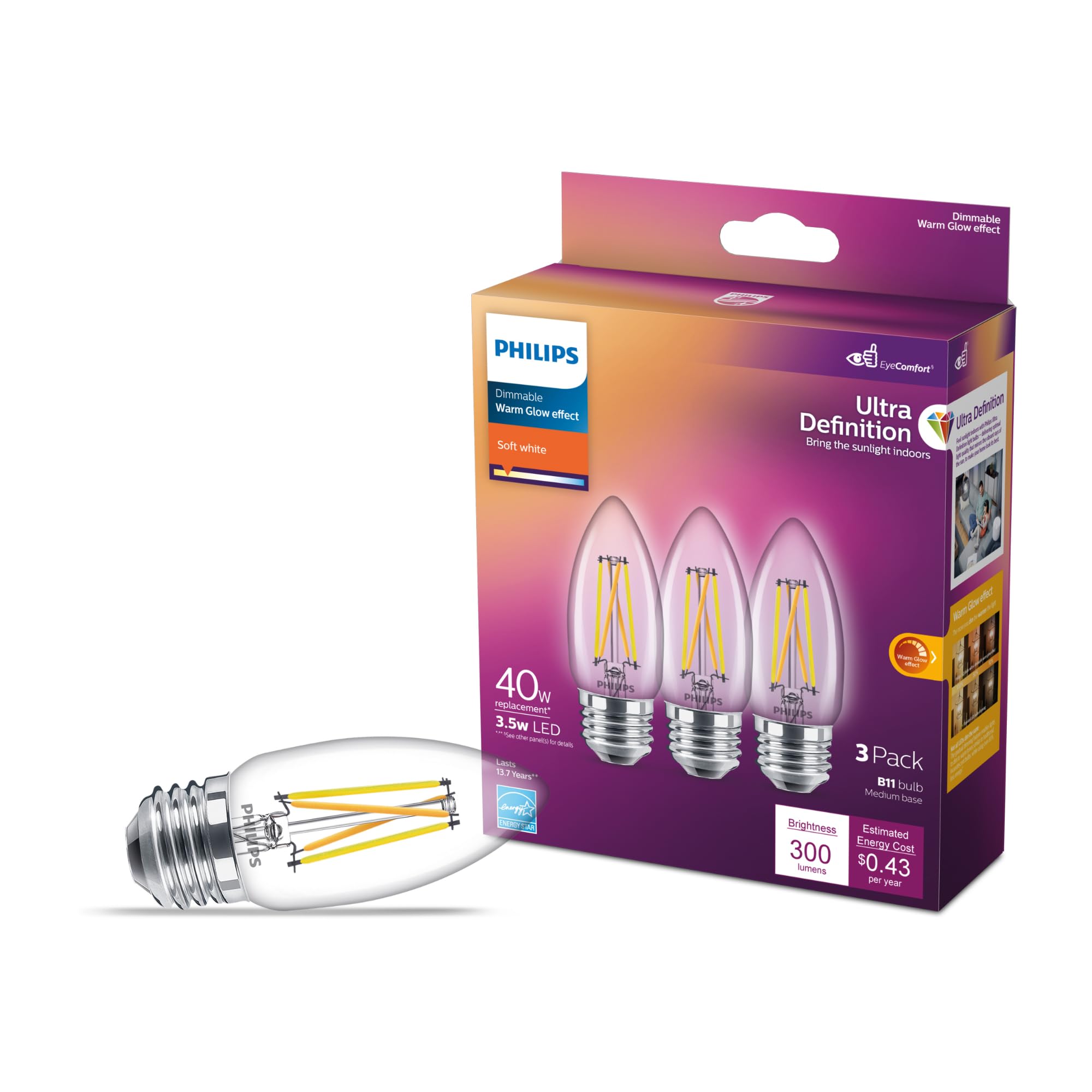 Foto 2 pulgar | Bombilla Led Philips, Transparente, No Regulable, B11, 3,3 W = 40 W - Venta Internacional.