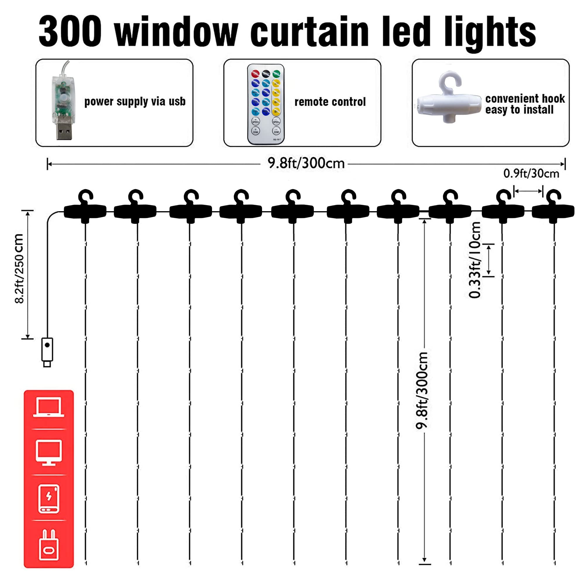 Foto 3 pulgar | Cadena De Luces Dazzle Bright, 300 Led, 3 X 3 M Usb, Color Blanco - Venta Internacional.