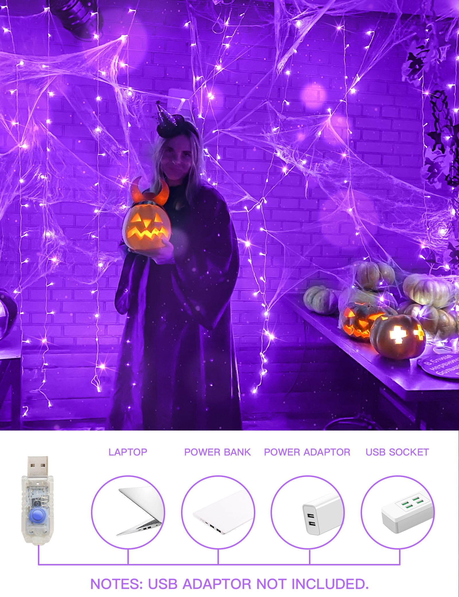 Foto 3 pulgar | Luces De Cortina Suddus Halloween 200 Led Usb Fairy Purple - Venta Internacional.