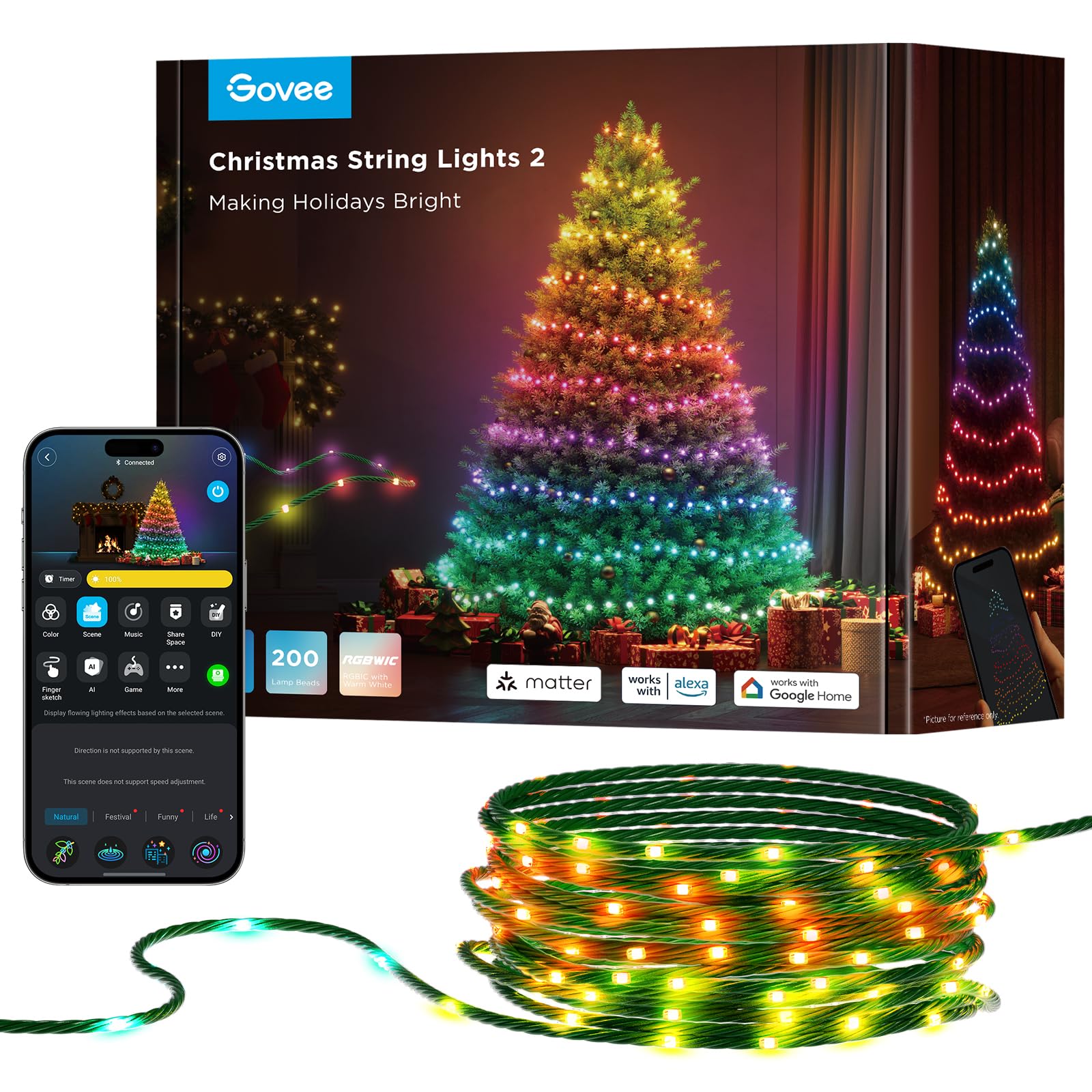 Foto 1 | Luces Navideñas Govee Rgbwic De 66 Pies Y 200 Led Con Mapeo De Formas - Venta Internacional.