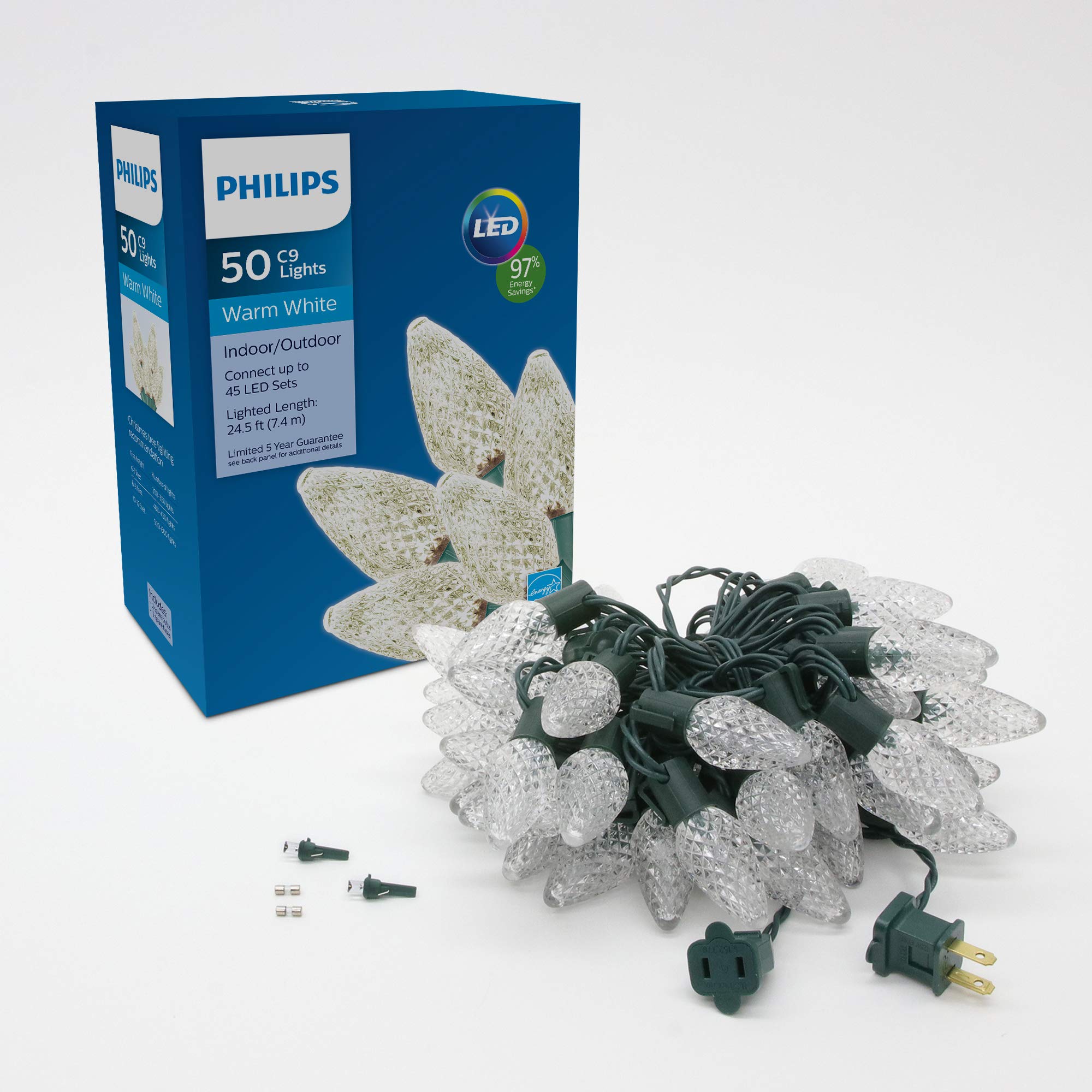 Foto 1 | Luces Navideñas Philips 50 Led Blanco Cálido C9 Facetadas - Venta Internacional
