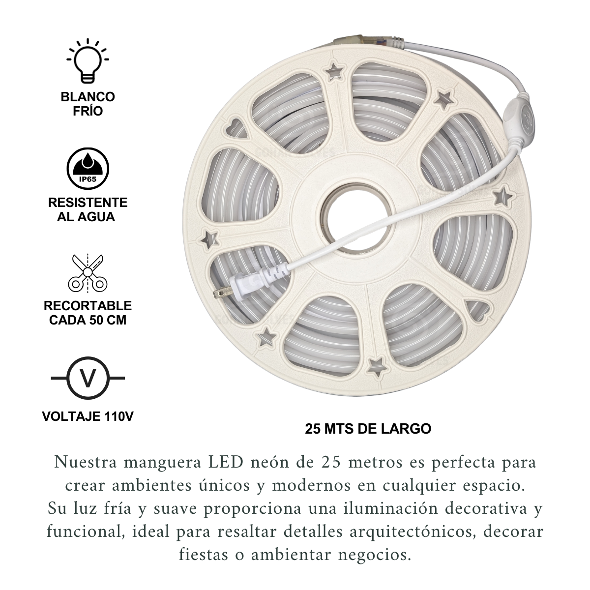 Foto 2 | Manguera Led Neon 25m Blanco Frío 110v Cable Para Conexión