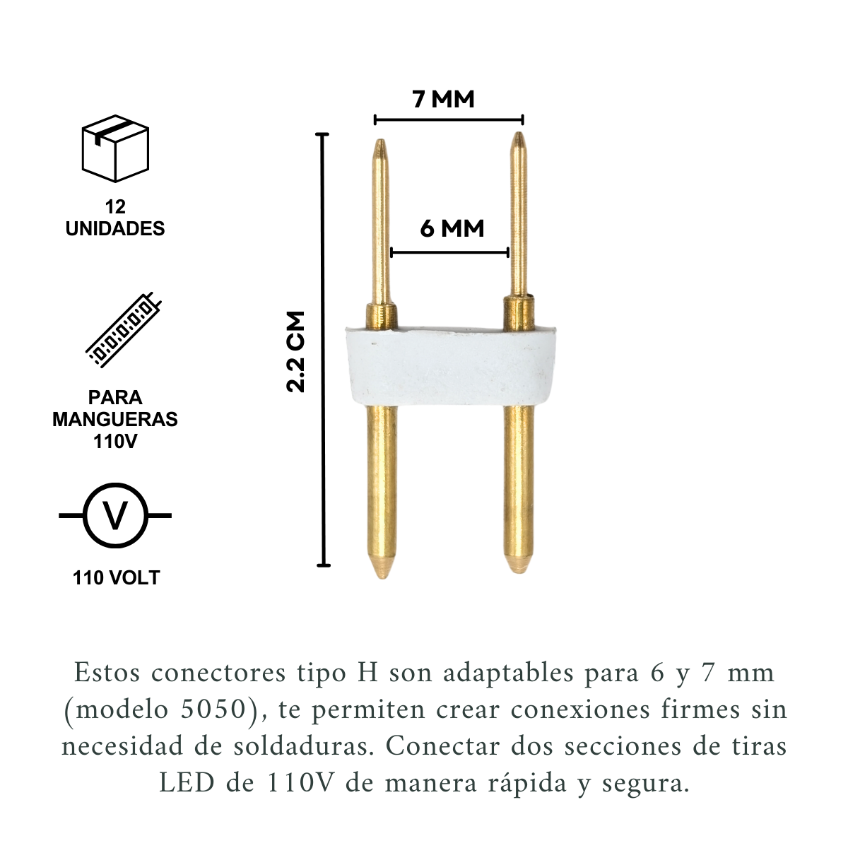 Foto 3 pulgar | Conector 2 Pines, 6mm, 5050, Tira Led De 110v, Tipo H, 12pz