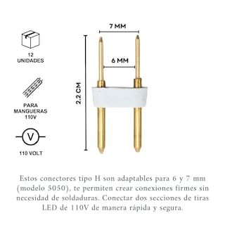 Foto 2 | Conector 2 Pines, 6mm, 5050, Tira Led De 110v, Tipo H, 12pz