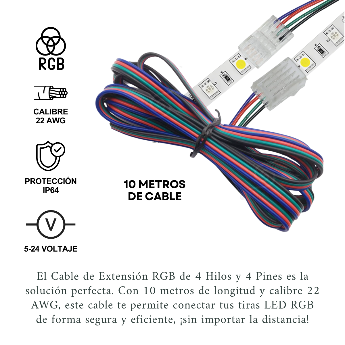 Foto 3 pulgar | Cable De Extensión Rgb 4 Hilos 4 Pines 22 Awg, 10 Metros
