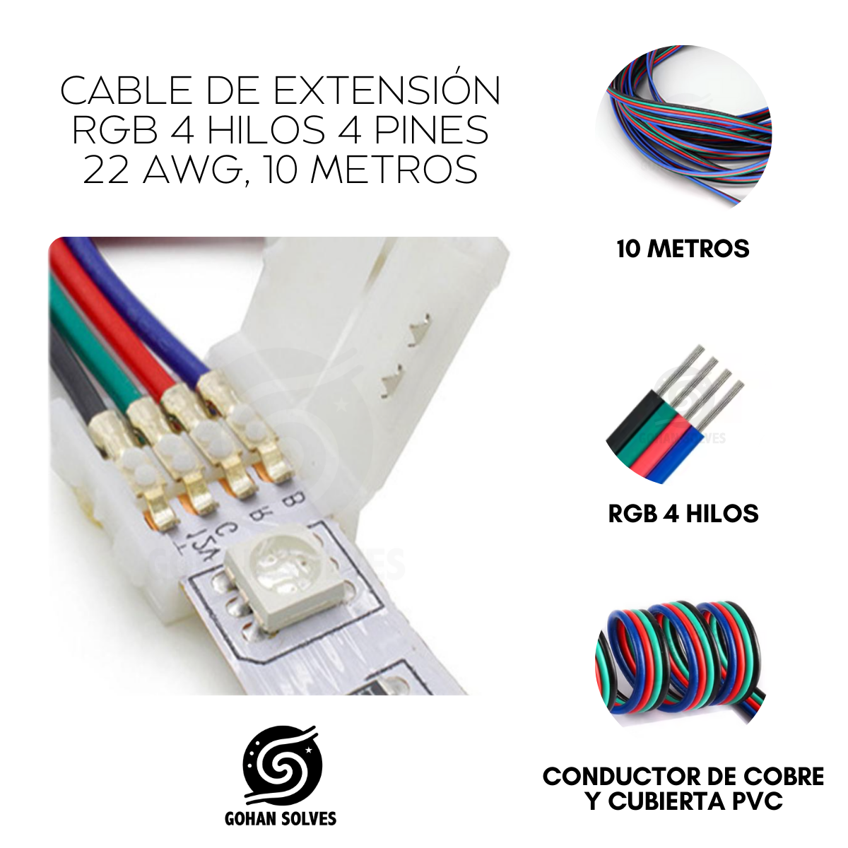 Foto 4 pulgar | Cable De Extensión Rgb 4 Hilos 4 Pines 22 Awg, 10 Metros