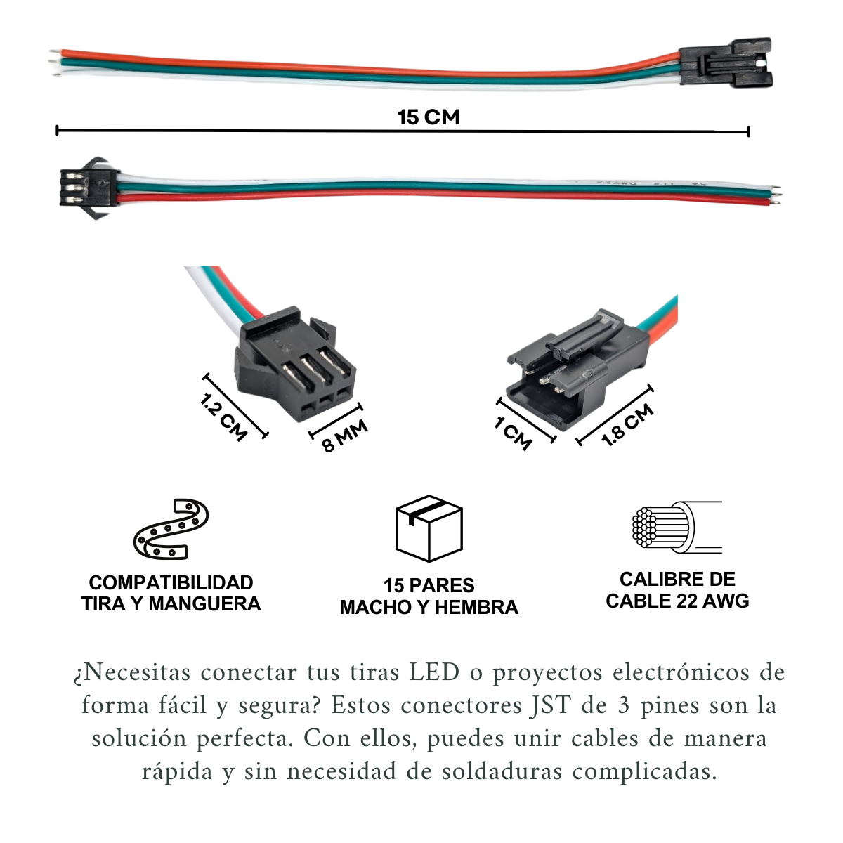 Foto 3 pulgar | Conectores Jst 3 Pin Macho/hembra 22 Awg Para Led 15 Pares