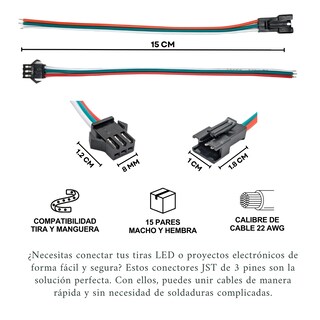 Foto 2 | Conectores Jst 3 Pin Macho/hembra 22 Awg Para Led 15 Pares