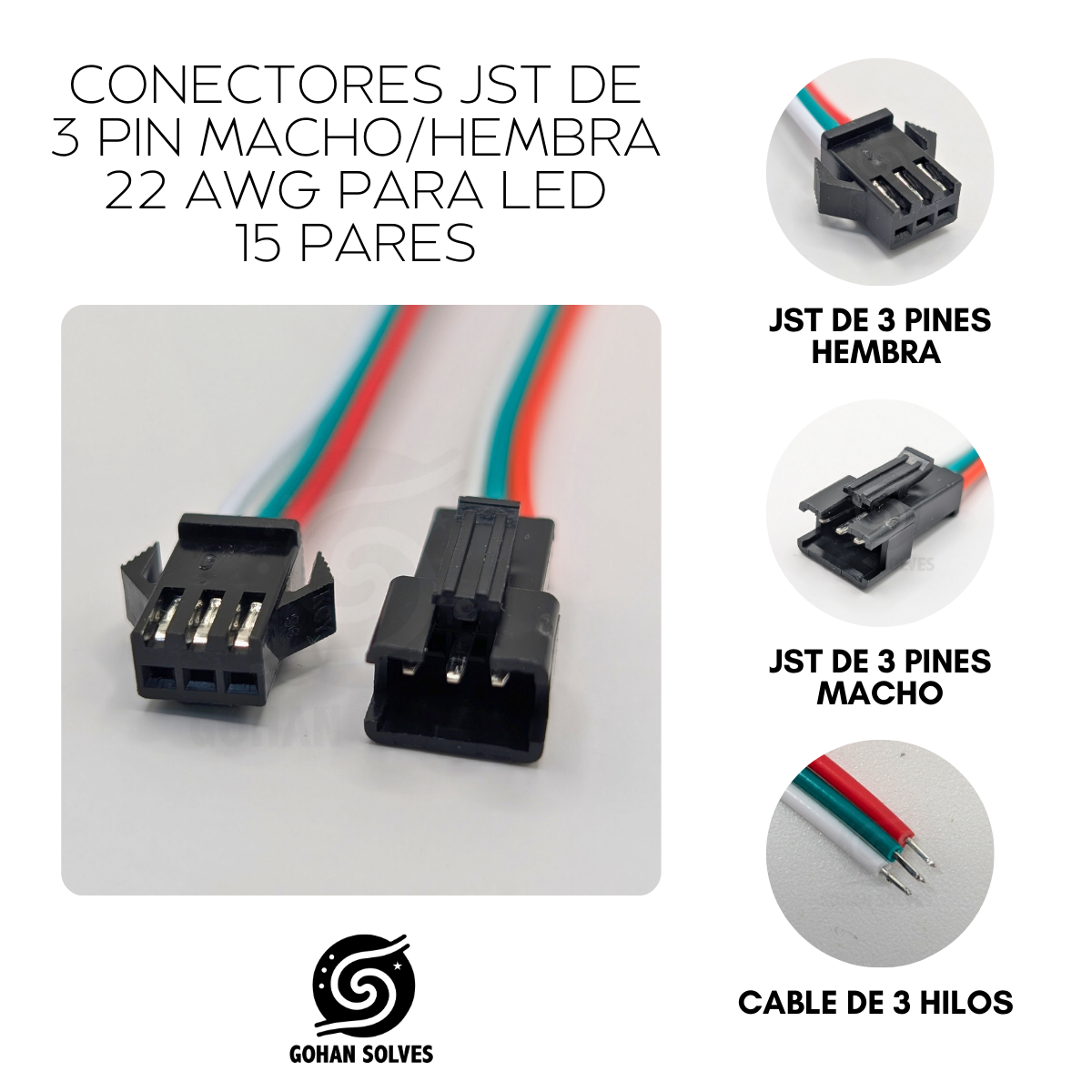 Foto 4 pulgar | Conectores Jst 3 Pin Macho/hembra 22 Awg Para Led 15 Pares