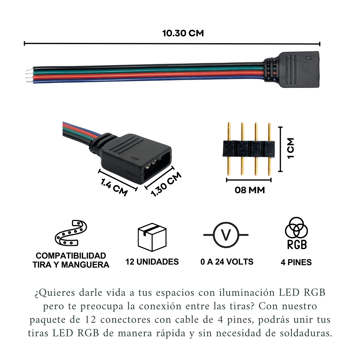 Foto 3 pulgar | Conector Con Cable De 4 Pines Para Tiras Led Rgb, 12 Piezas