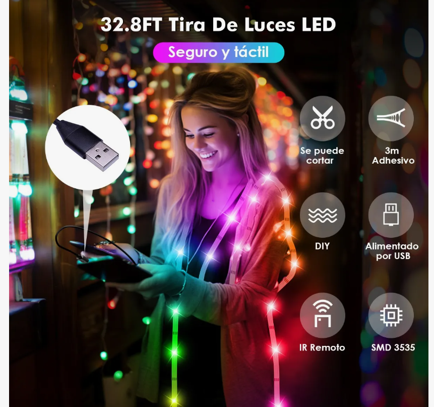 Foto 4 pulgar | Tiras Led Luces 10m Rgb Multicolor Decoración Sala Tv (2x5m)