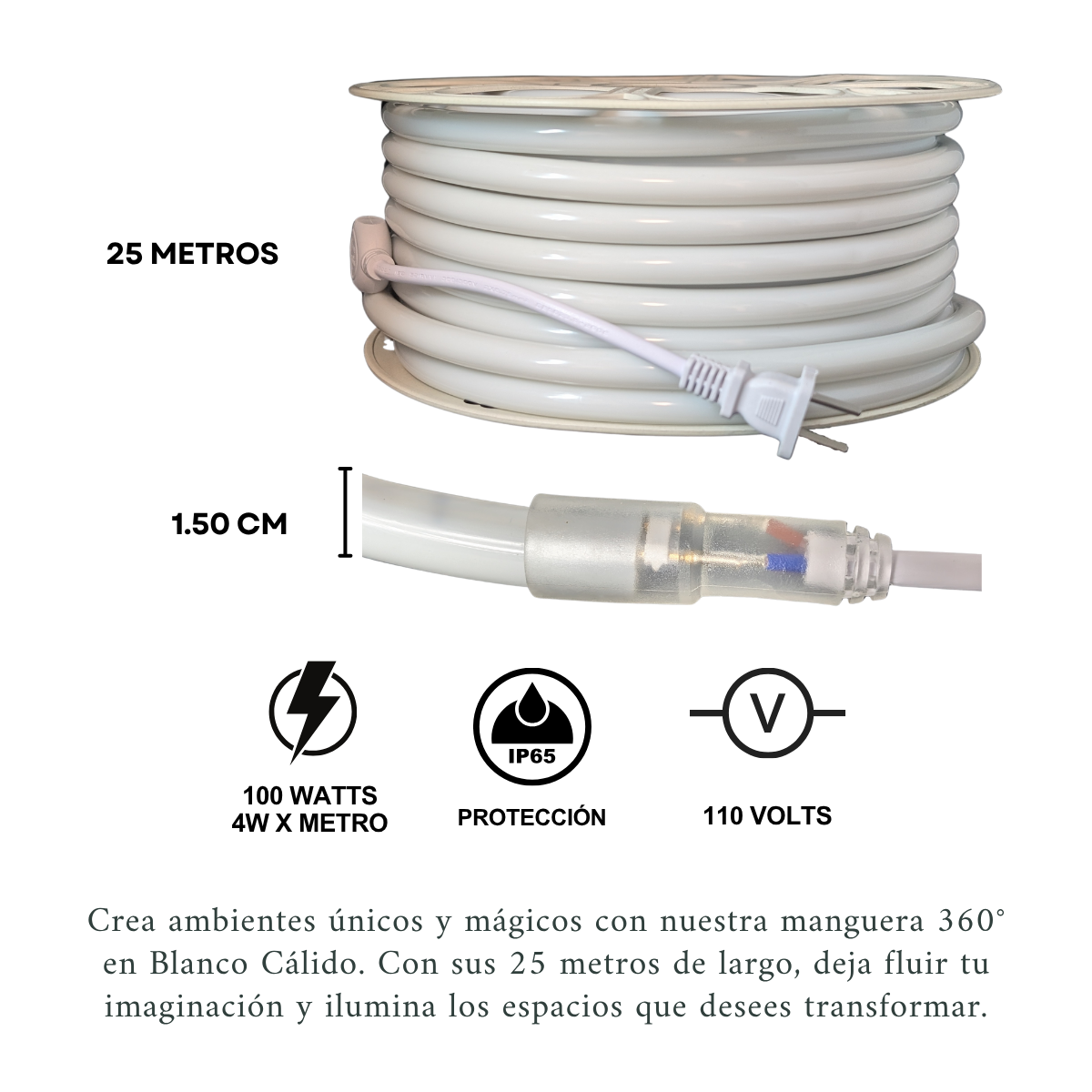 Foto 3 pulgar | Manguera Led Neón Redonda 25m Blanco Cálido 360° Flexible Ip65