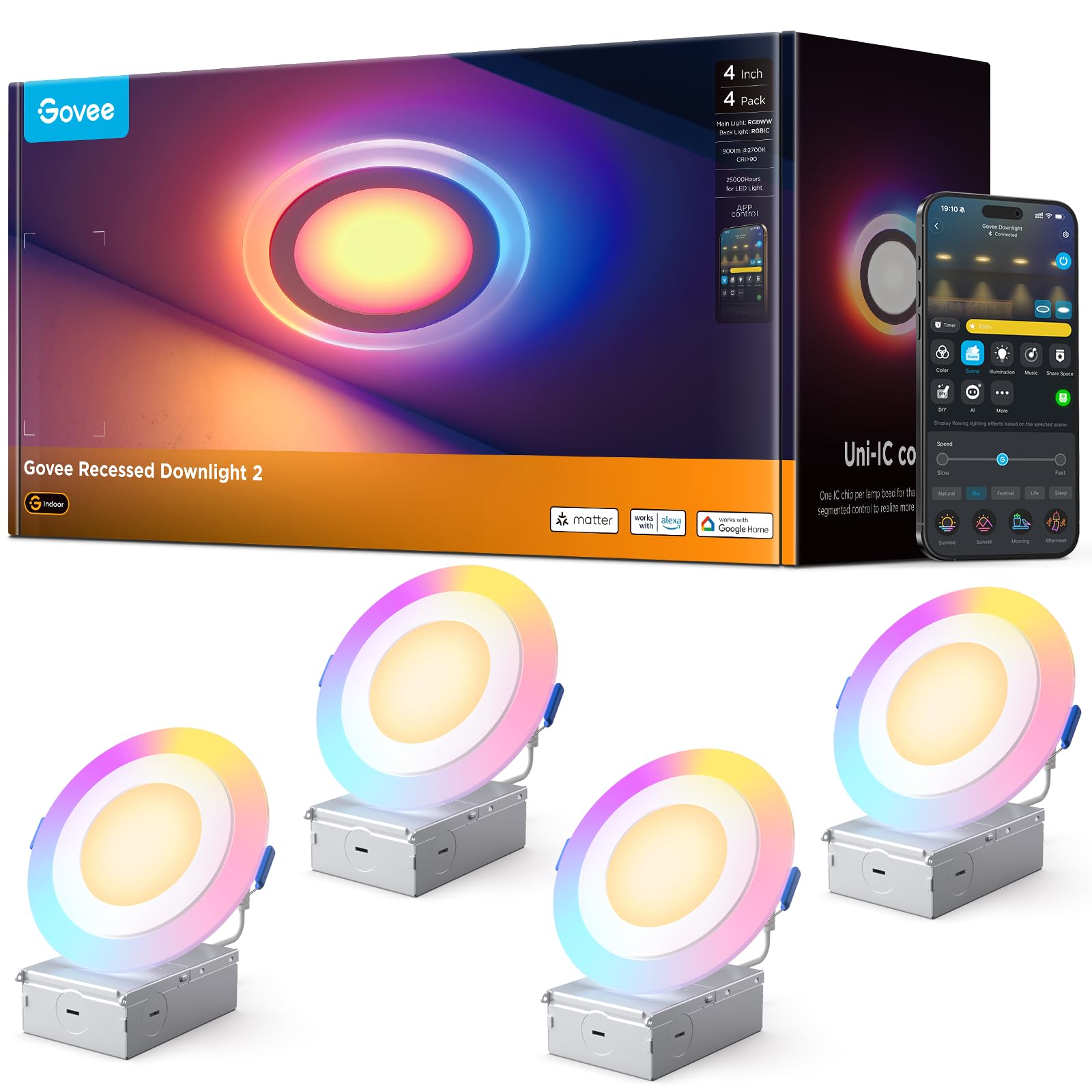 Iluminación Empotrada Inteligente Govee Led Rgbic De 10 Cm, 900 Lúmenes, 2700 K, 6500 K - Venta Internacional.