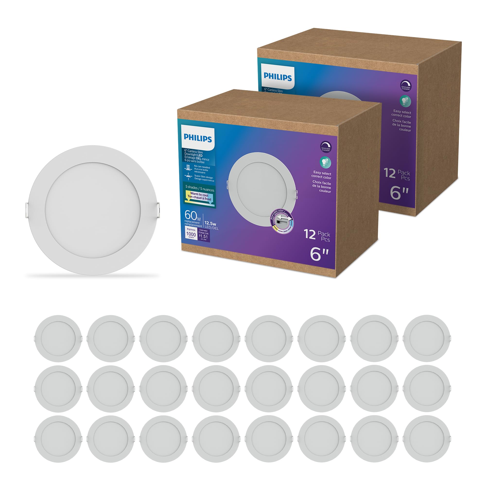 Foto 2 pulgar | Lámpara Led Philips Slim De 12 5 W (60 W)  6 Pulgadas  24 Unidades - Venta Internacional.