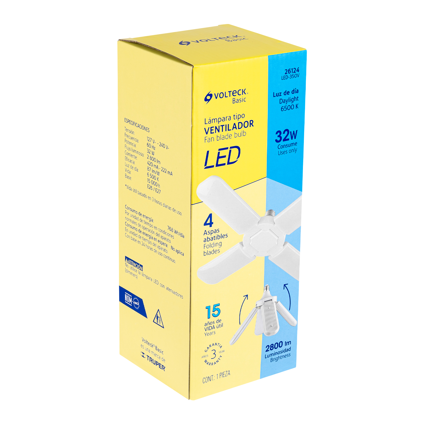 Foto 3 | Lámpara Led Volteck LED-350V color Blanco 32w Tipo Ventilador 4 Aspas Ajustables