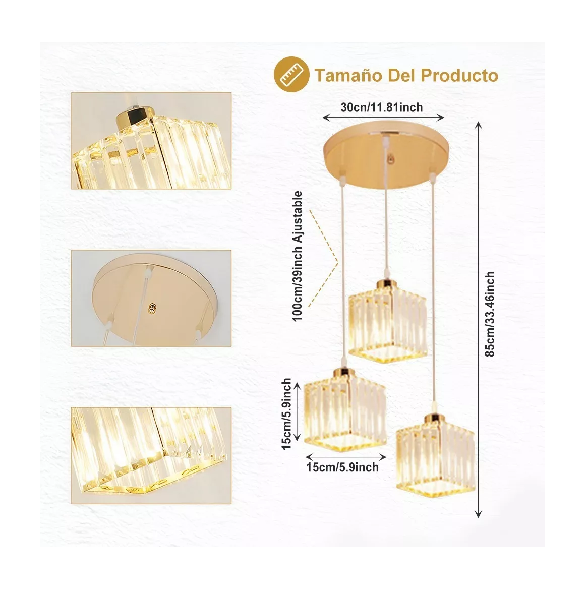 Foto 5 | Lámpara Colgante De Techo Cristal Moderna Decorativa 3 Cabezas Dorado