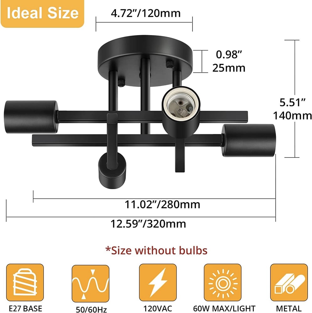 Foto 4 pulgar | Lámpara de Techo Moderna de Metal con 4 Bombillas Led E27 Negro - Venta Internacional