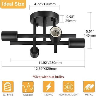 Foto 3 | Lámpara de Techo Moderna de Metal con 4 Bombillas Led E27 Negro - Venta Internacional