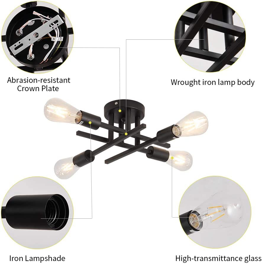 Foto 7 pulgar | Lámpara de Techo Moderna de Metal con 4 Bombillas Led E27 Negro - Venta Internacional