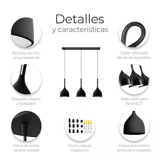 Foto 2 | Lámpara Colgante Moderna Belug Candelabro 3 Luces Ajustable Negro