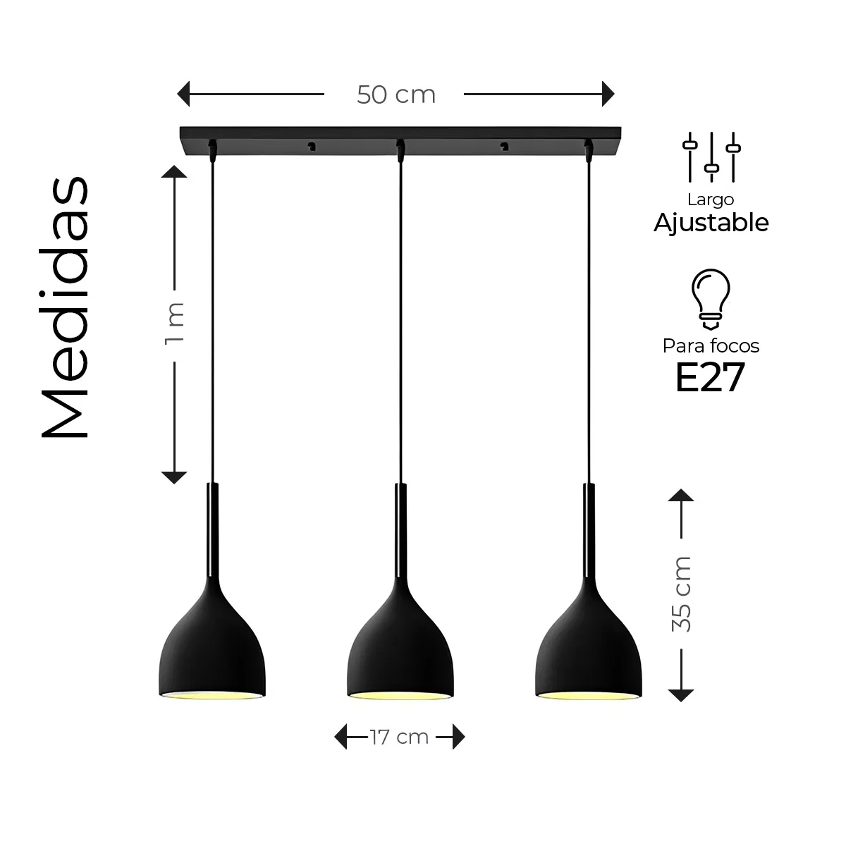 Foto 3 pulgar | Lampara Colgante Moderna Candelabro 3 Cabezas Alt. Ajustable Eo Safe Imports Esi-14909  Negro