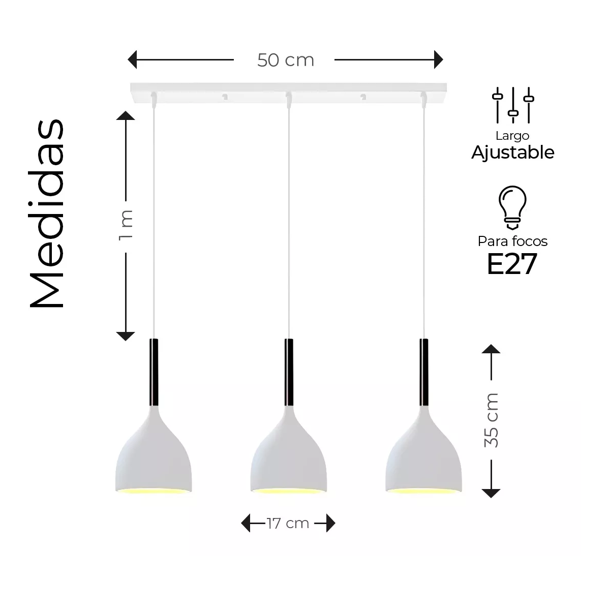 Foto 3 pulgar | Lampara Colgante Moderna Candelabro 3 Cabezas Alt. Ajustable Eo Safe Imports Esi-14908 Blanco