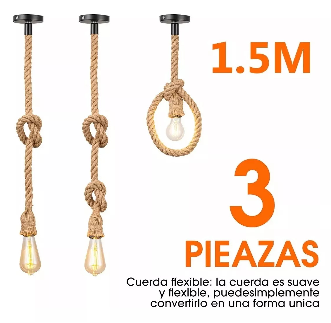 Foto 3 pulgar | Lámpara De Techo Con Cuerda De Cañamo, Paquete De 3 Unidades, 1.5 Metros