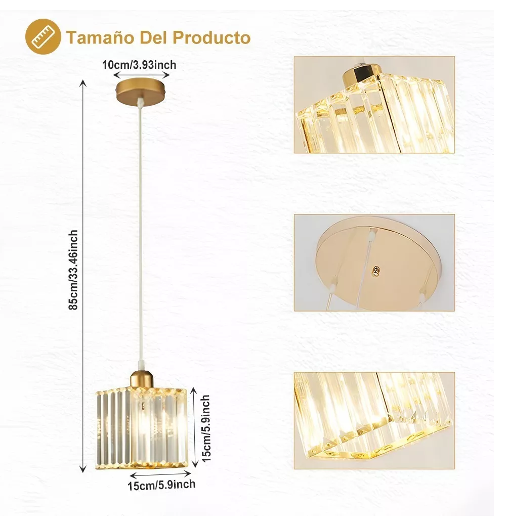 Foto 4 | Lámpara Colgante De Techo Cristal Moderna Decorativa Cuadrado Dorado