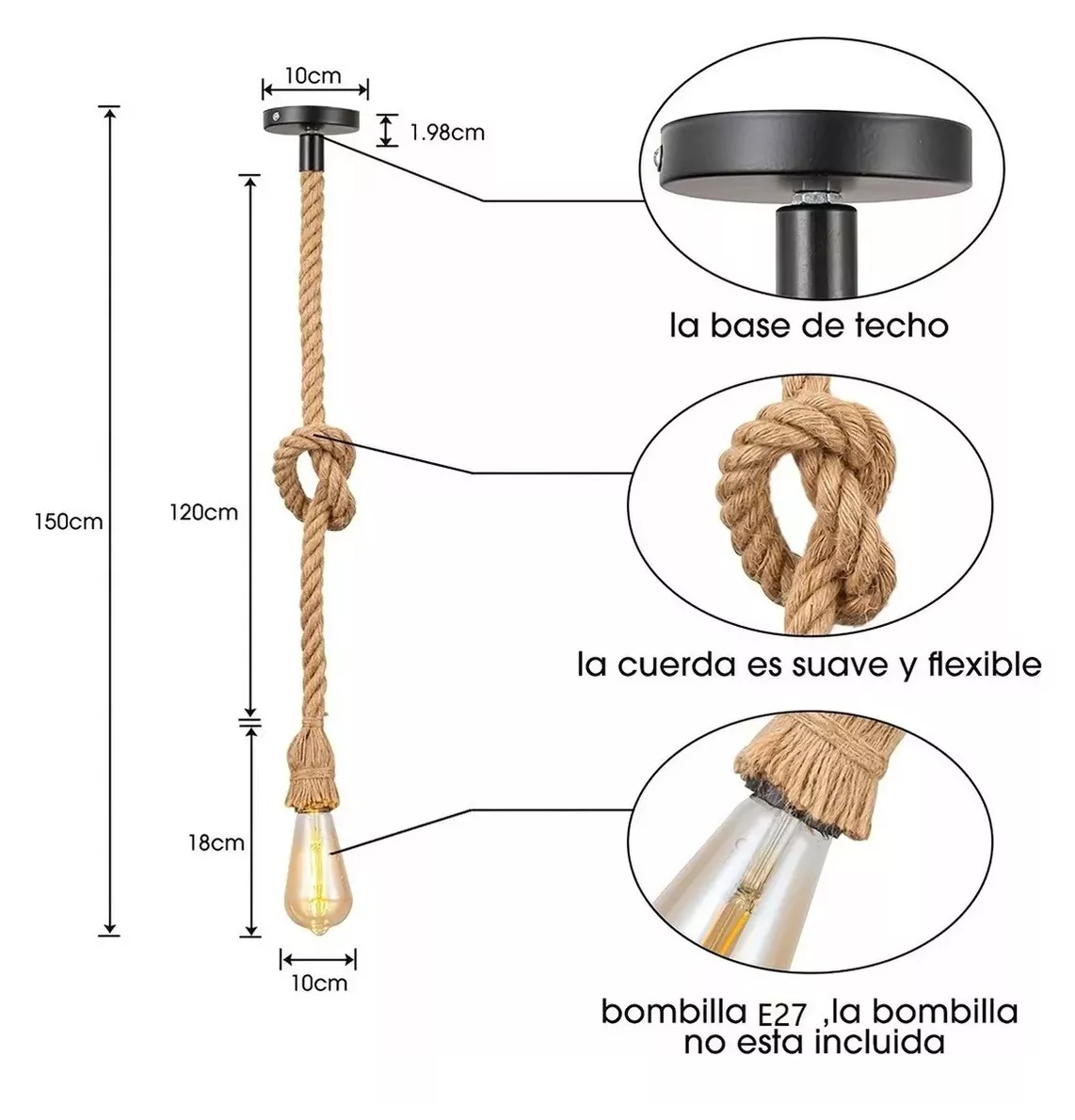 Foto 4 pulgar | Lámpara De Techo Con Cuerda De Cañamo, Paquete De 3 Unidades, 1.5 Metros