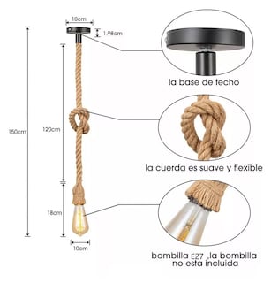 Foto 3 | Lámpara De Techo Con Cuerda De Cañamo, Paquete De 3 Unidades, 1.5 Metros