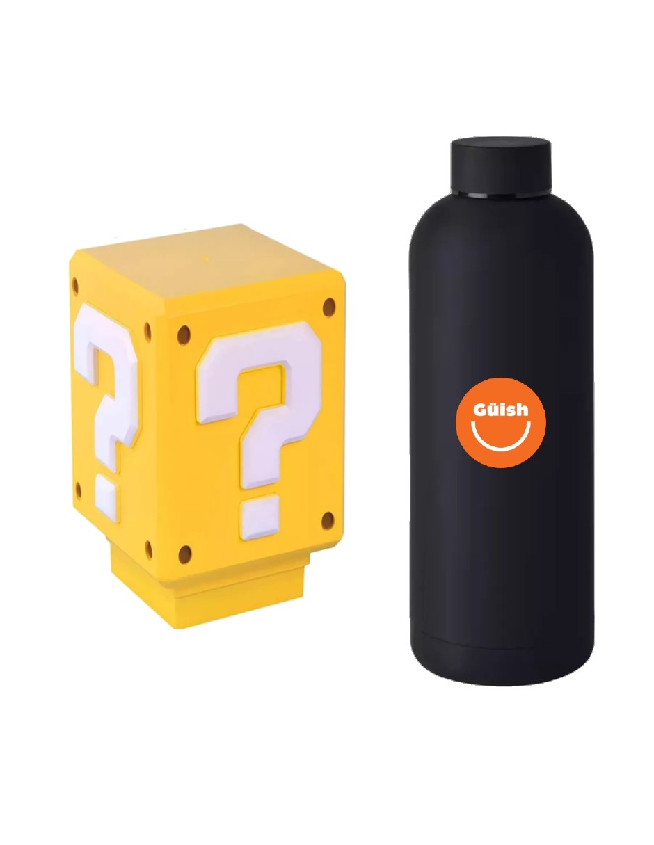 Super Bros-mini Question Block Luz De Noche + Termo De Agua De Regalo Güish