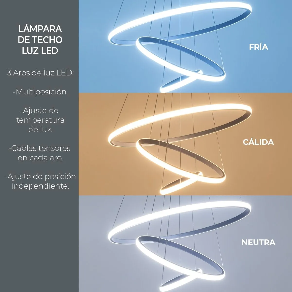 Foto 5 pulgar | Lampara Colgante Candil Led Neon 3 Aros 3 Tonos De Luz Eo Safe Imports Esi-19475 Gris