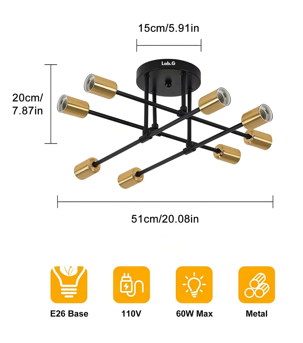 Foto 5 pulgar | Lámparas De Techo Colgantes Moderna Decorativas 8 Luces Negro Con Dorado