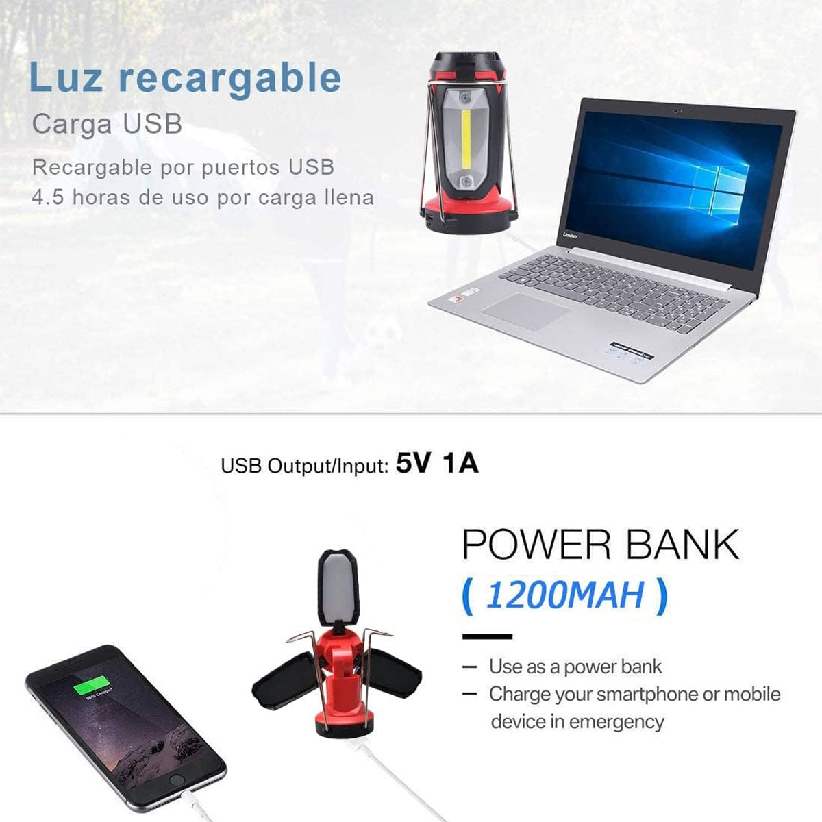 Foto 4 pulgar | Lampara De Emergencia Led Usb Recargable Con Power Bank Linterna Multiusos Trabajo Hogar Camping Color Rojo