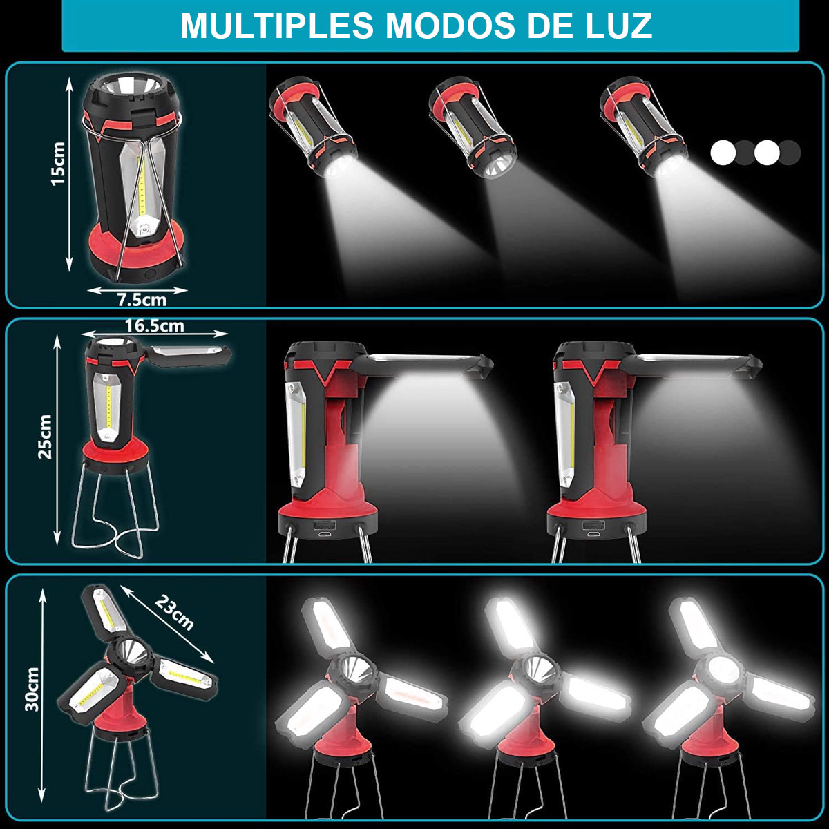 Foto 5 | Lampara De Emergencia Led Usb Recargable Con Power Bank Linterna Multiusos Trabajo Hogar Camping Color Rojo