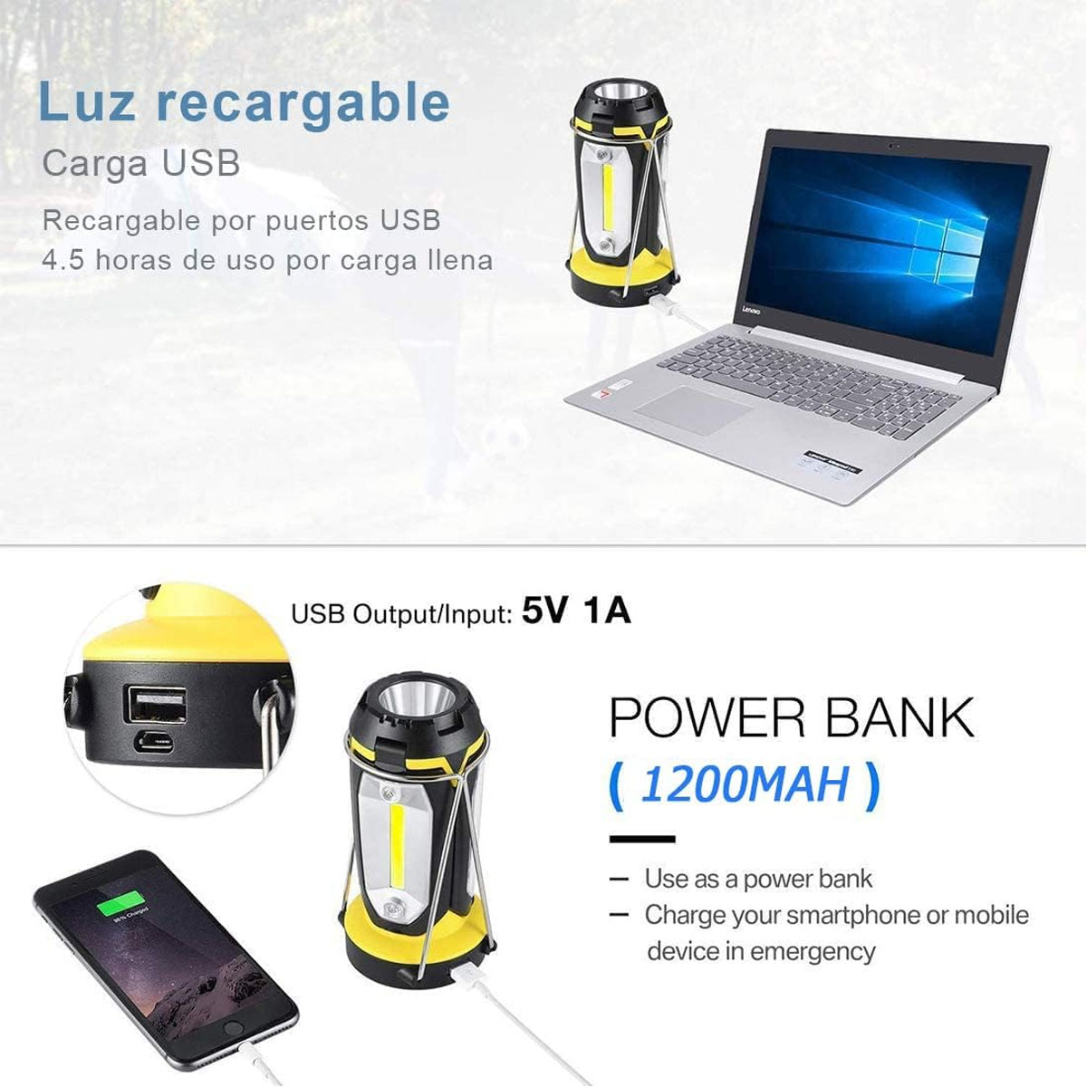 Foto 4 pulgar | Lampara De Emergencia Led Usb Recargable Con Power Bank Linterna Multiusos Trabajo Hogar Camping Color Amarillo