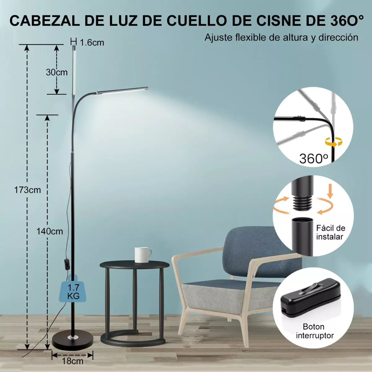 Foto 3 pulgar | Moderna Lámpara De Piso Ajustable Con Luz De Lectura Moderna Blanco Calido Eo Safe Imports Esi-18445 Negro