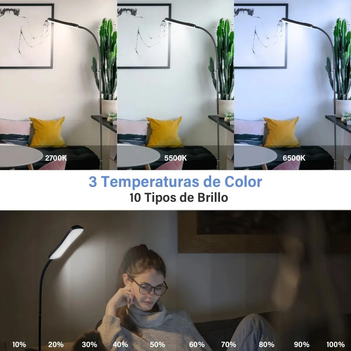 Foto 4 pulgar | Moderna Lámpara De Piso Ajustable Con Luz De Lectura Moderna Negro Negro