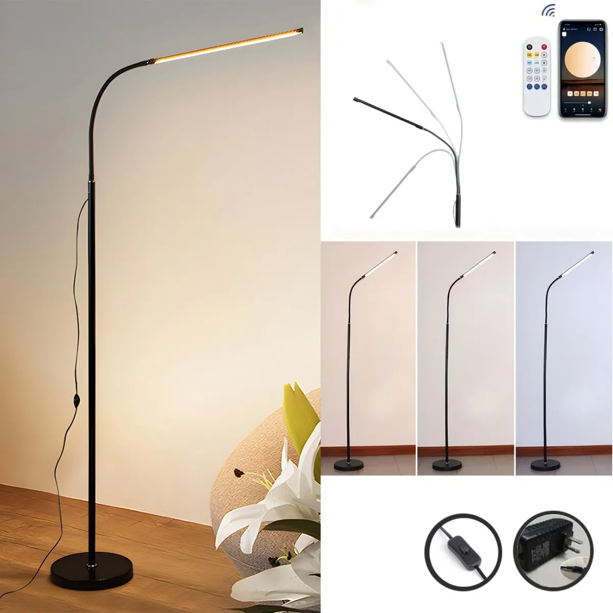 Foto 7 pulgar | Moderna Lámpara De Piso Ajustable Con Luz De Lectura Moderna Negro Negro