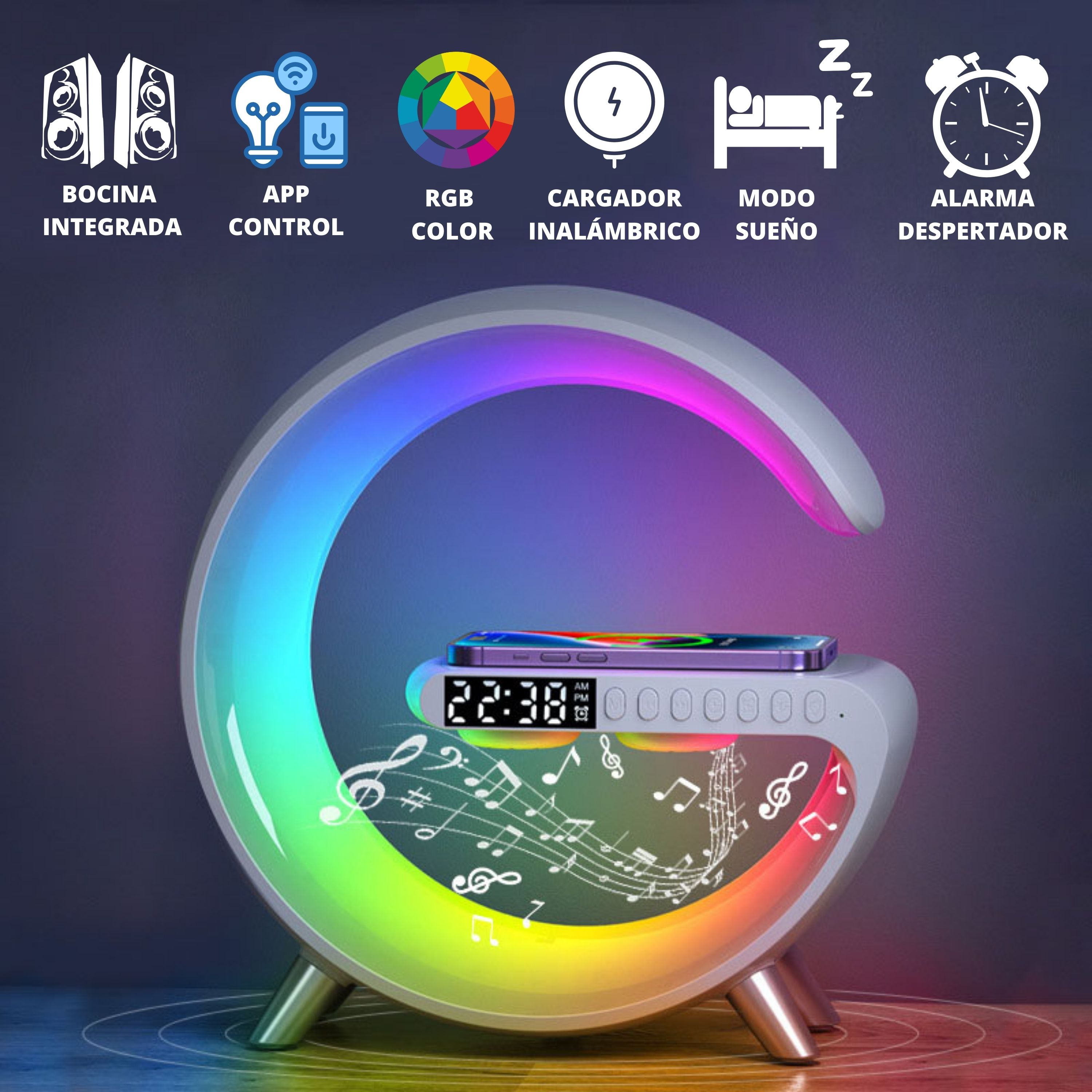 Foto 2 | Lámpara Led Rgb Smart Bluetooth Con Cargador Inalámbrico En Forma De G Despertador