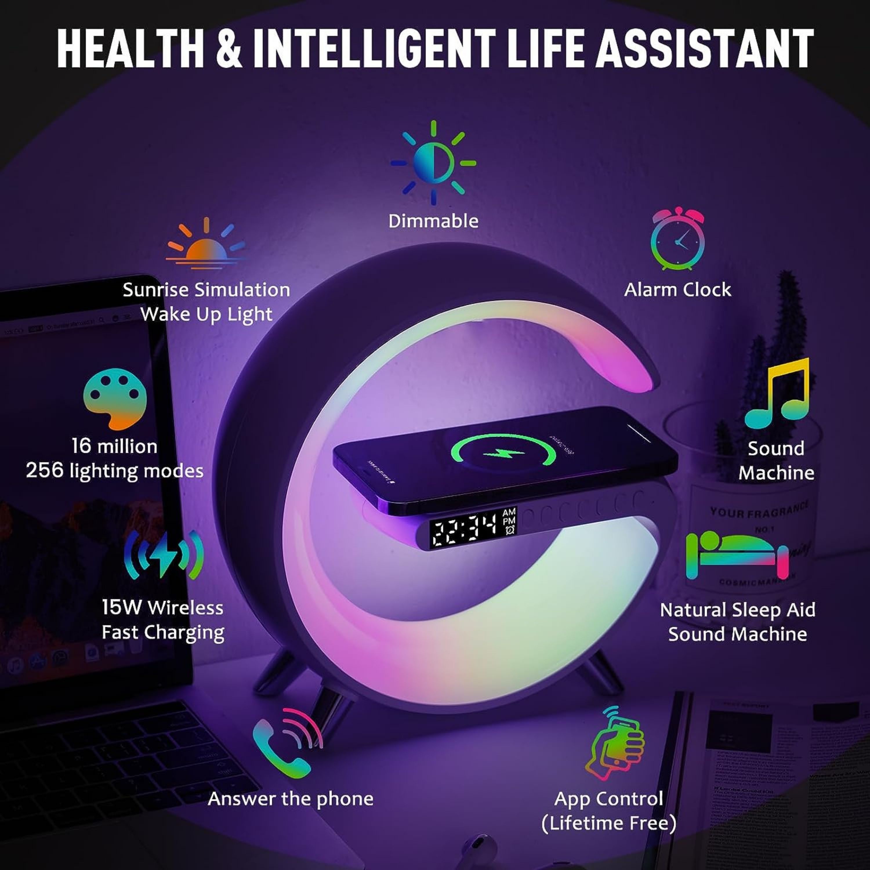 Foto 5 pulgar | Lámpara Led Rgb Smart Bluetooth Con Cargador Inalámbrico En Forma De G Despertador