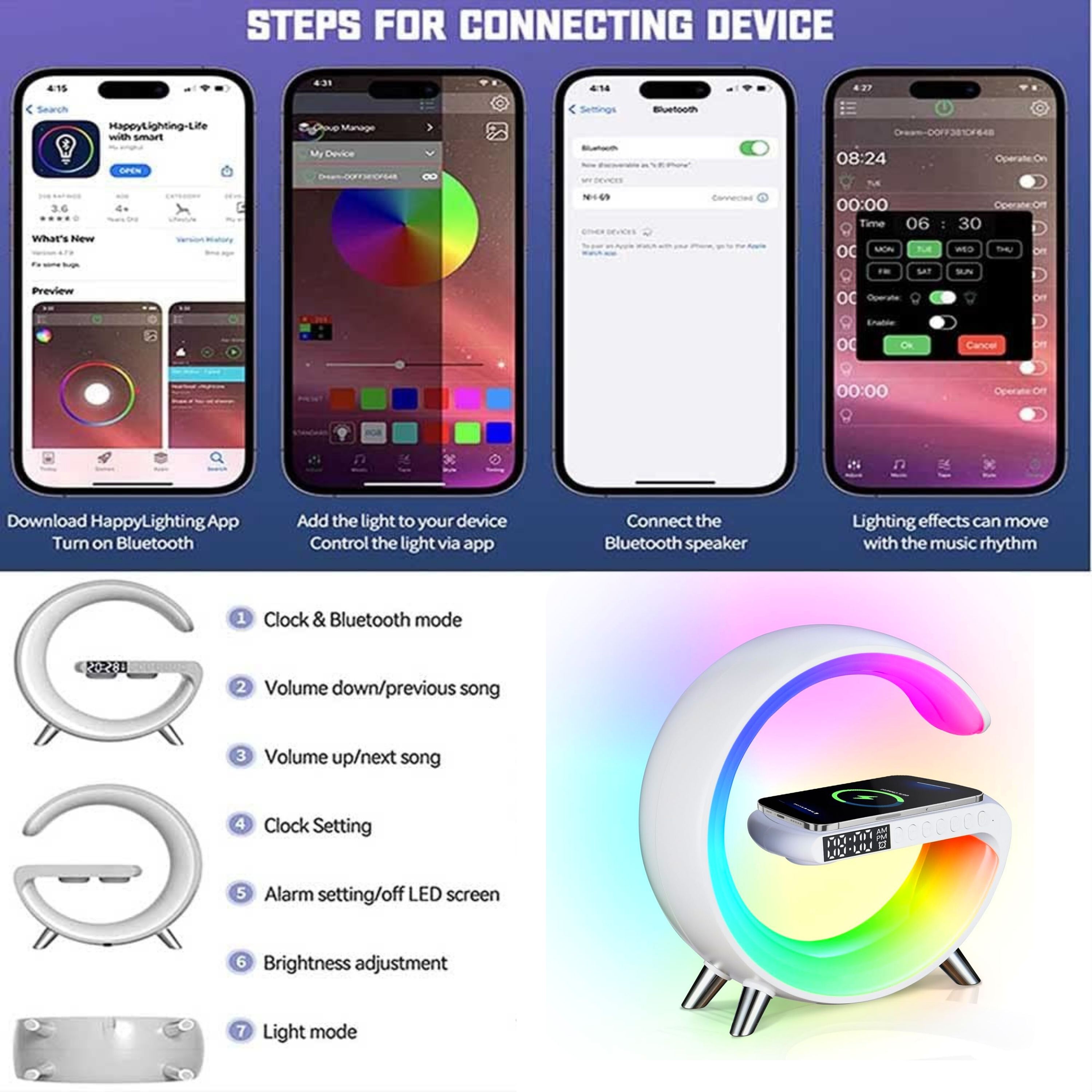 Foto 8 pulgar | Lámpara Led Rgb Smart Bluetooth Con Cargador Inalámbrico En Forma De G Despertador