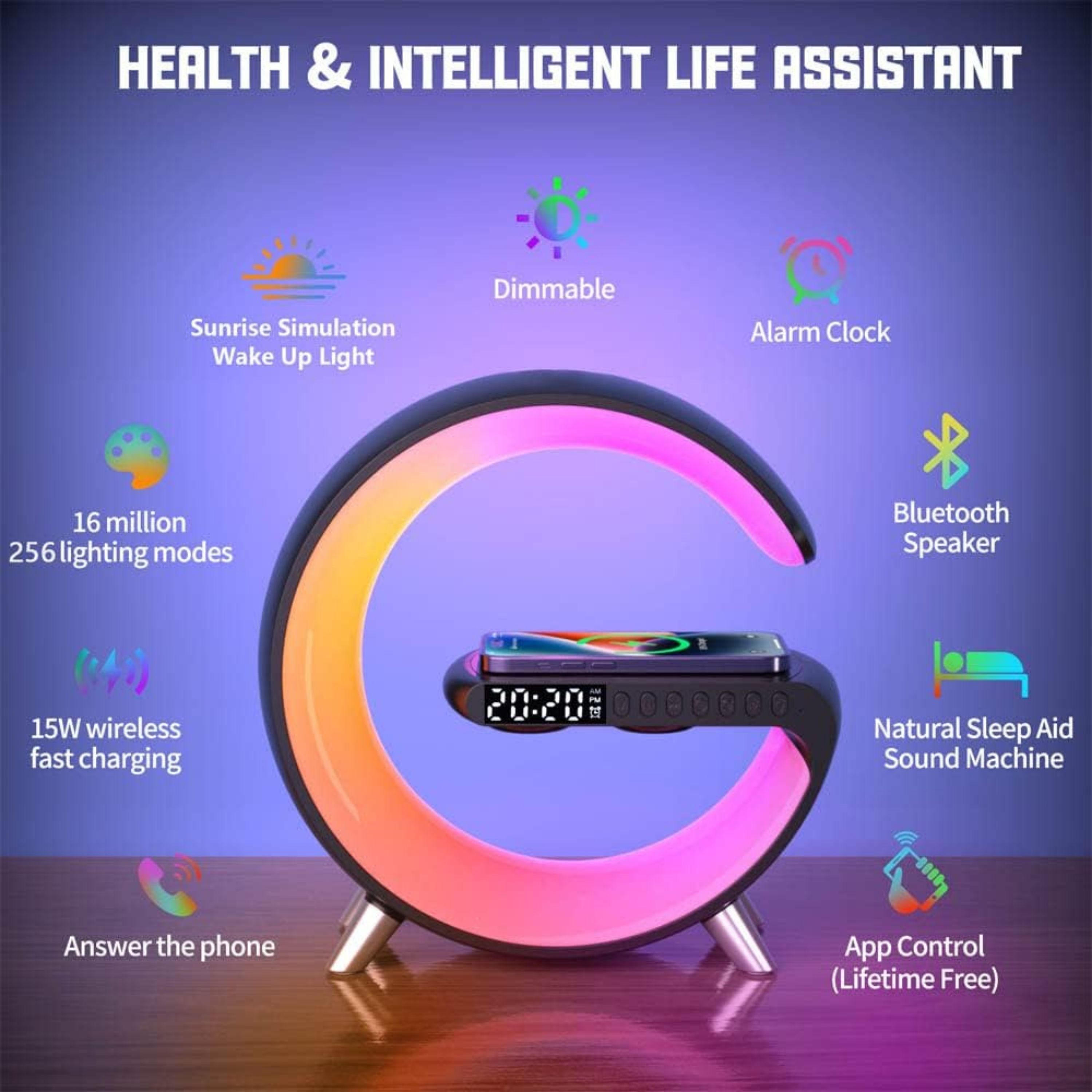 Foto 9 pulgar | Lámpara Led Rgb Smart Bluetooth Con Cargador Inalámbrico En Forma De G Despertador