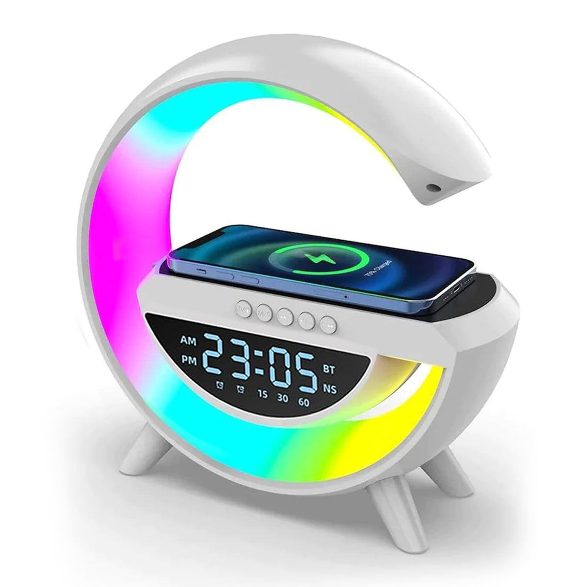 Lampara Led Inteligente Dahua Lamp con Bocina Bluetooth Cargador Inalámbrico y Reloj Despertador Blanca