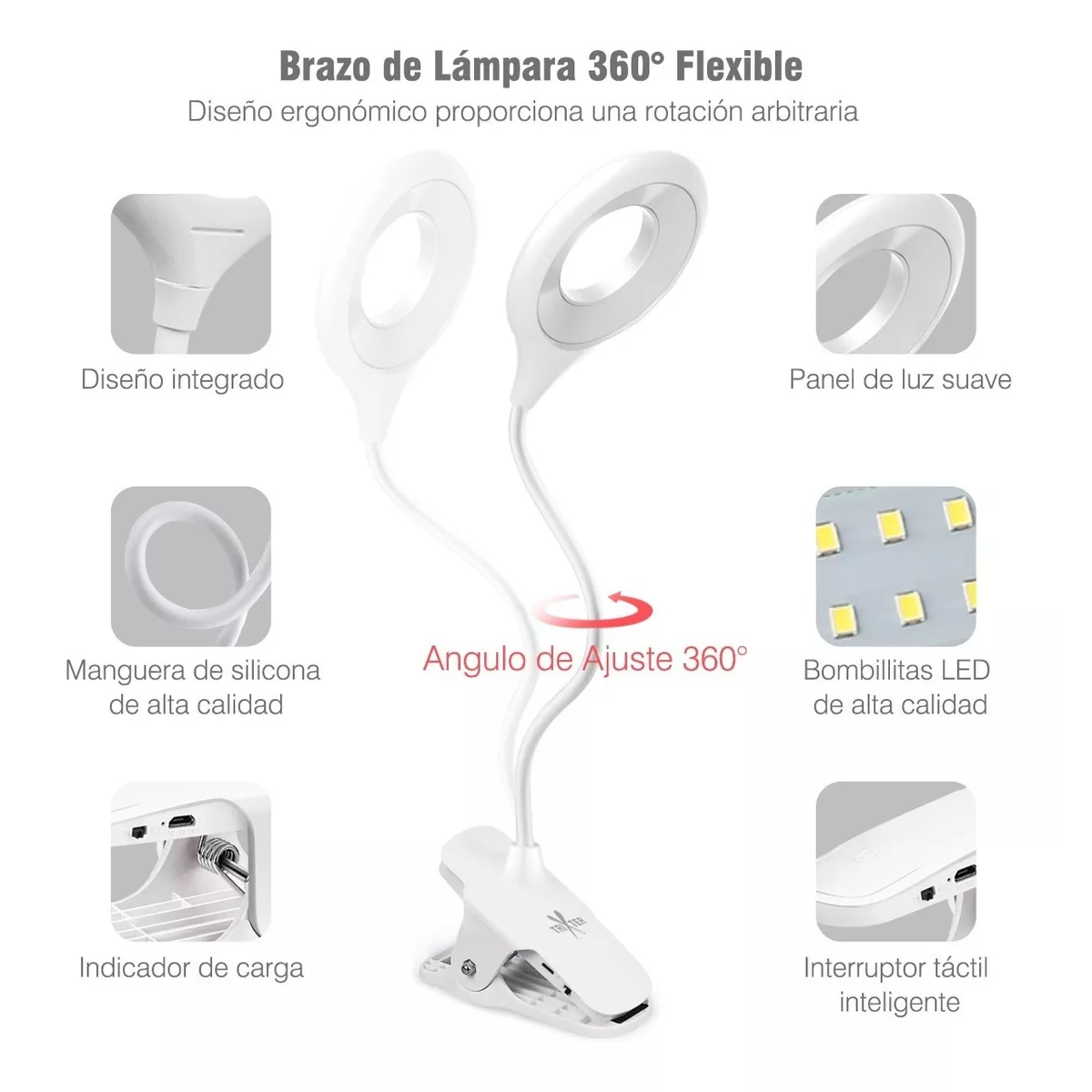 Foto 3 pulgar | Lámpara Flexible De Escritorio Con Clip Recargable Ajustable Eo Safe Imports Esi-13120 Blanco