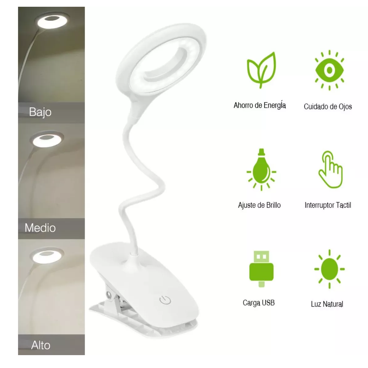 Foto 4 pulgar | Lámpara Flexible De Escritorio Con Clip Recargable Ajustable Eo Safe Imports Esi-13120 Blanco