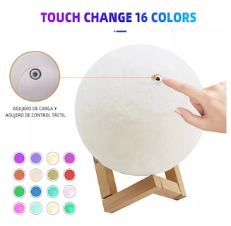 Foto 5 | Lámpara Luna 15 Cm 3d 16 Colores Touch/control Recargable Color De La Estructura Madera Clara
