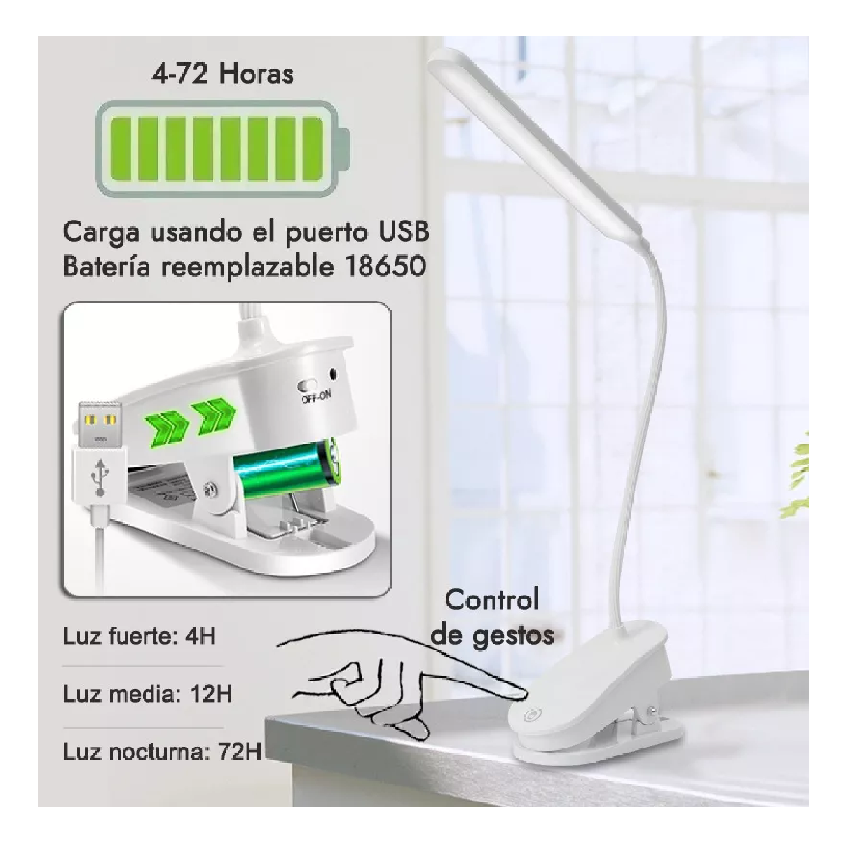 Foto 3 pulgar | Lámpara De Escritorio Mesa Led Recargable Con Clip Y 30 Luz Blanco