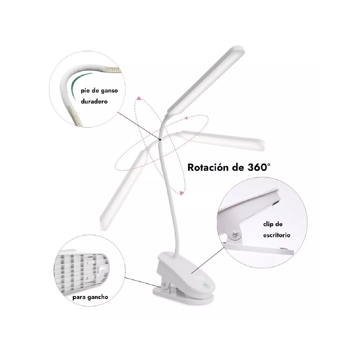 Foto 4 pulgar | Lámpara De Escritorio Mesa Led Recargable Con Clip Y 30 Luz Blanco